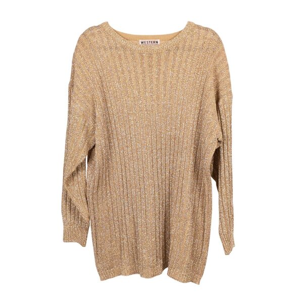 Western Connection Sweaters - Gold Metallic VTG Sweater L Stretch Long Tunic New Years Eve Sparkle Party Crew